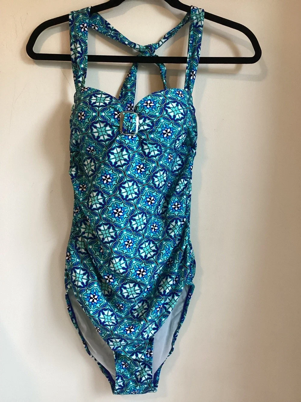 SPANX Love Your Assets Pinup One Piece Swimsuit Medium Fiesta Tile Blue Green